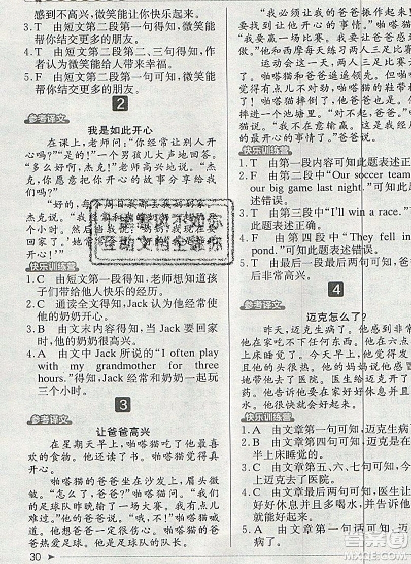 本真圖書(shū)2019英語(yǔ)閱讀小達(dá)人提優(yōu)訓(xùn)練100篇五年級(jí)參考答案