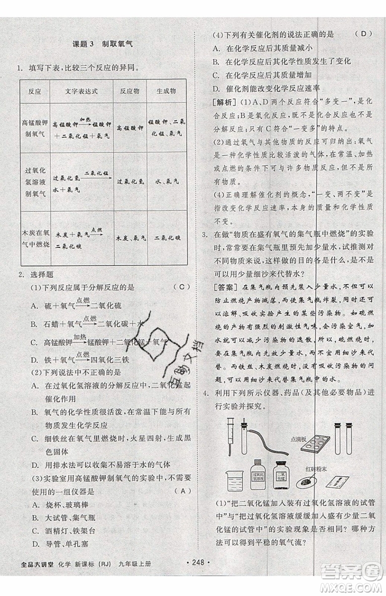 2019年全品大講堂化學九年級上冊人教版RJ參考答案及教材習題答案