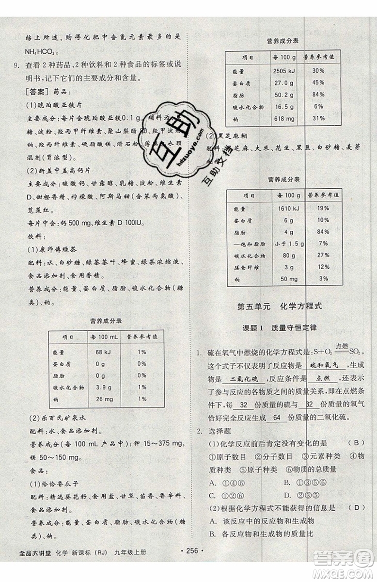 2019年全品大講堂化學九年級上冊人教版RJ參考答案及教材習題答案