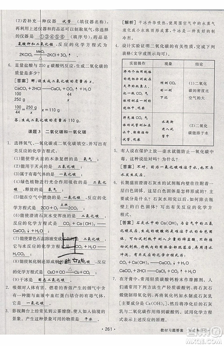 2019年全品大講堂化學九年級上冊人教版RJ參考答案及教材習題答案