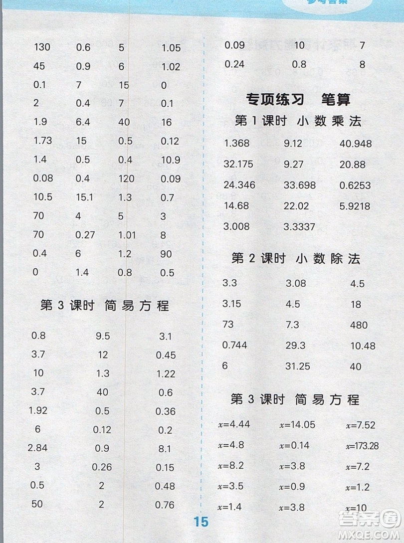 2019年秋新版小學(xué)口算大通關(guān)五年級(jí)上冊(cè)數(shù)學(xué)人教版答案