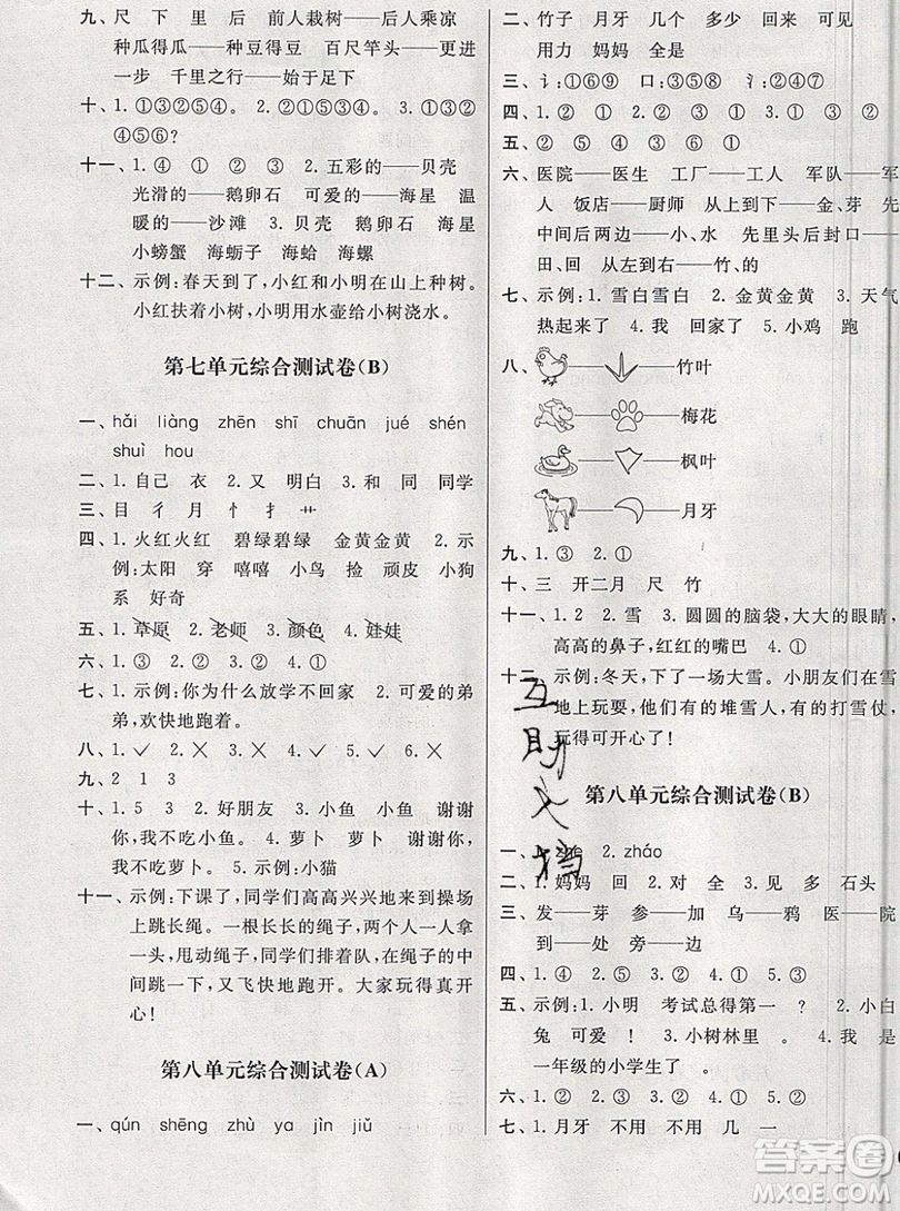 2019新版亮點(diǎn)給力大試卷一年級(jí)上冊(cè)語(yǔ)文人教版答案