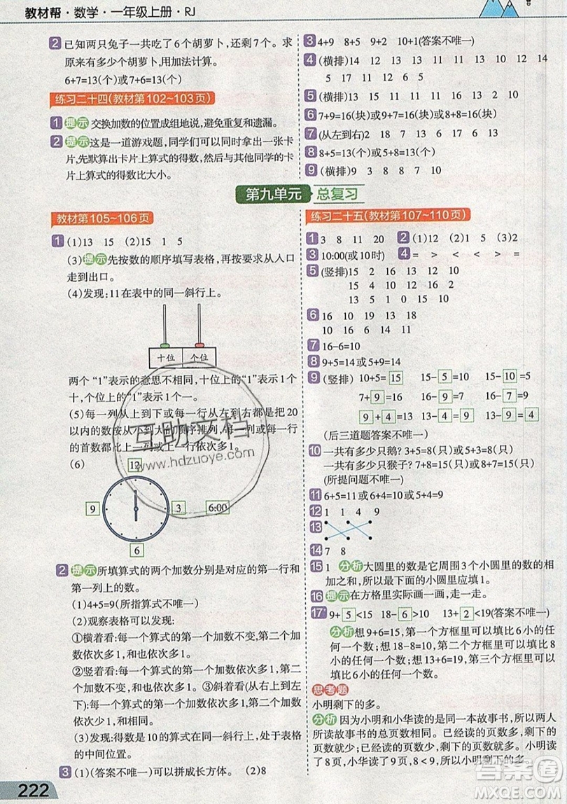 天星教育2019教材幫小學(xué)數(shù)學(xué)一年級上冊RJ人教版參考答案