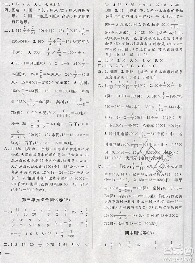 2019新版亮點給力大試卷六年級上冊數(shù)學(xué)蘇教版答案