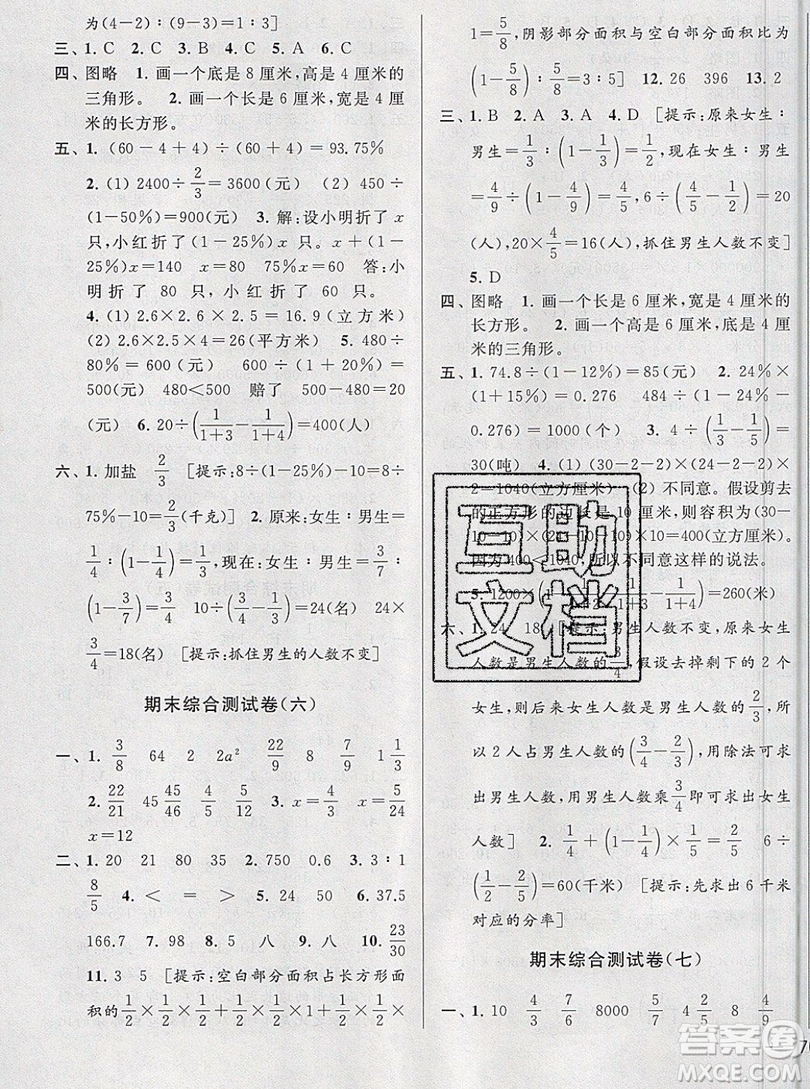 2019新版亮點給力大試卷六年級上冊數(shù)學(xué)蘇教版答案