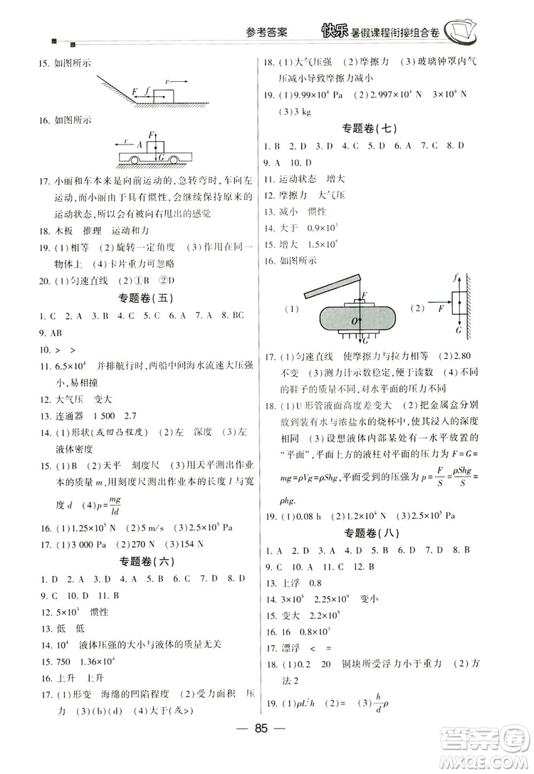 讀者書苑2019快樂暑假課程銜接組合卷八年級(jí)物理人教版答案