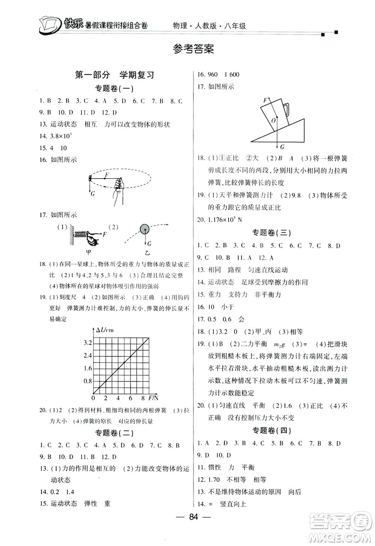 讀者書苑2019快樂暑假課程銜接組合卷八年級(jí)物理人教版答案