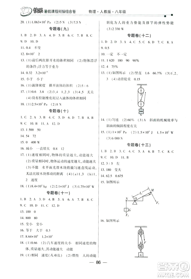 讀者書苑2019快樂暑假課程銜接組合卷八年級(jí)物理人教版答案