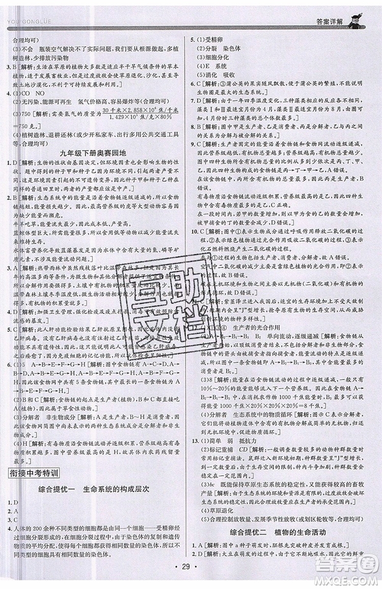 2019新版優(yōu)+攻略銜接中考版九年級科學(xué)全一冊ZJ浙教版參考答案