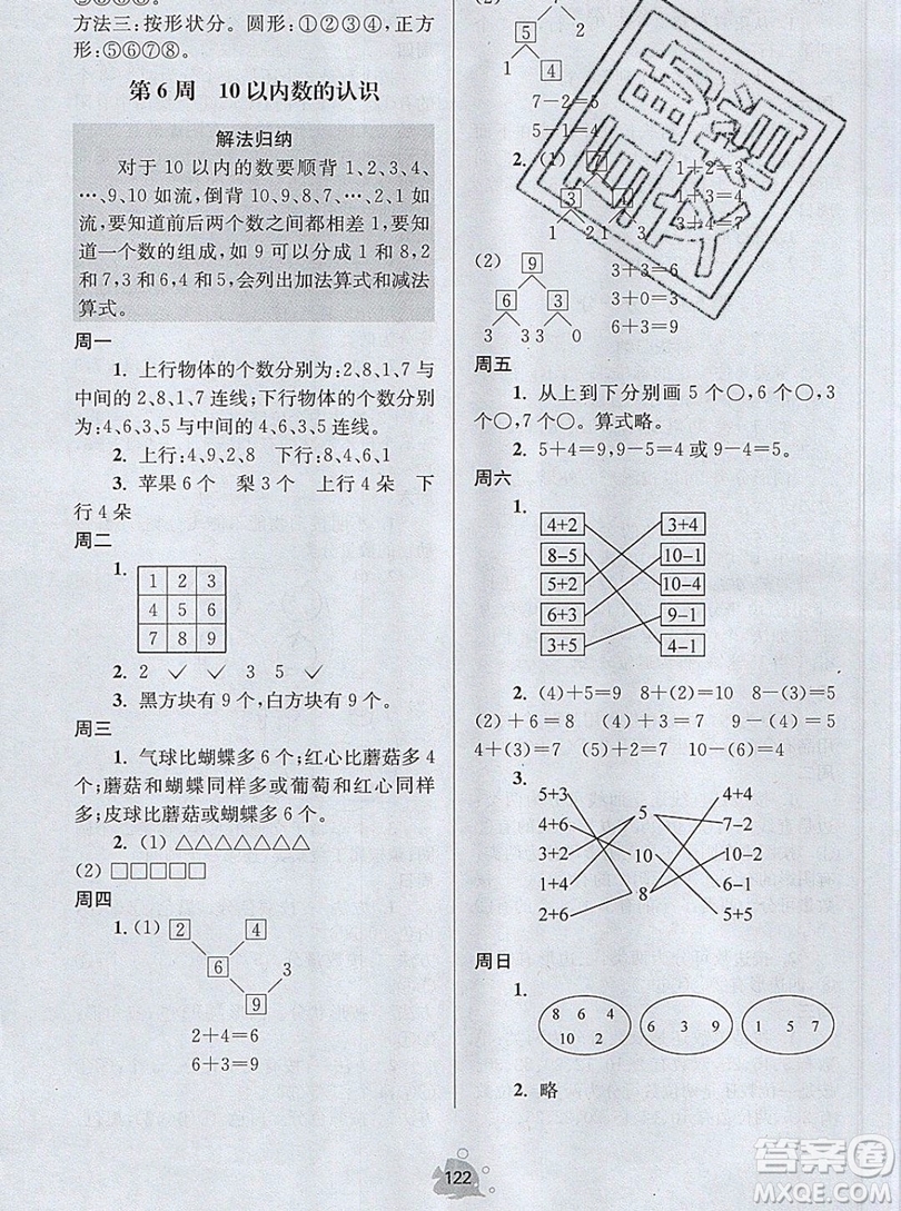 2019年數(shù)學(xué)思維小狀元一年級上冊A版答案