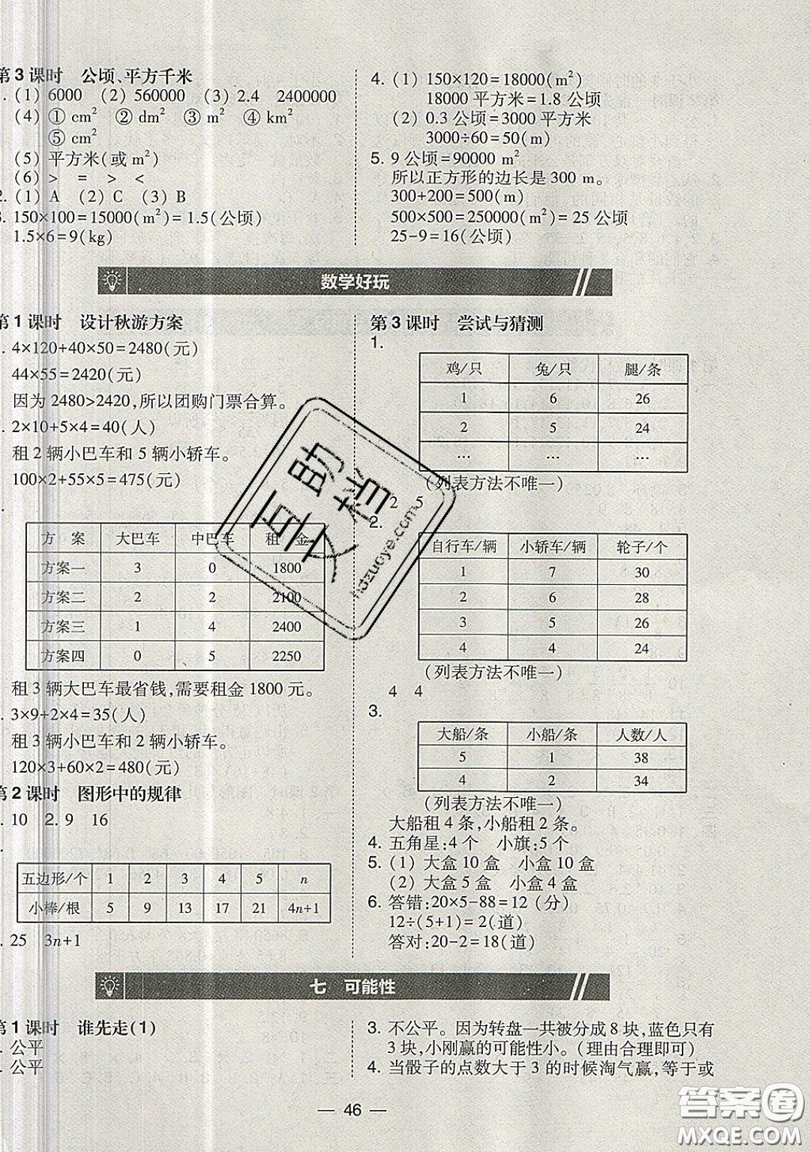 2019北大綠卡課時同步訓(xùn)練五年級上冊數(shù)學(xué)北師大深圳專版參考答案