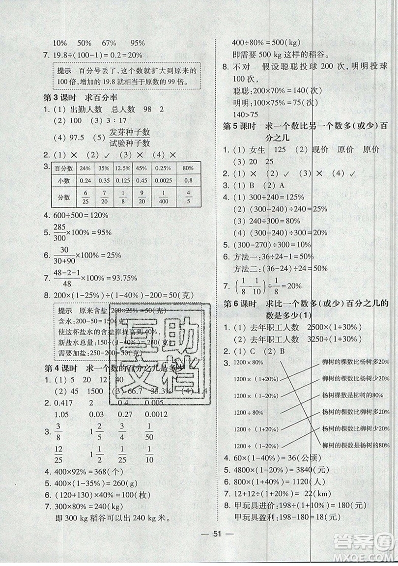 2019北大綠卡課時(shí)同步訓(xùn)練六年級(jí)上冊(cè)數(shù)學(xué)人教版參考答案