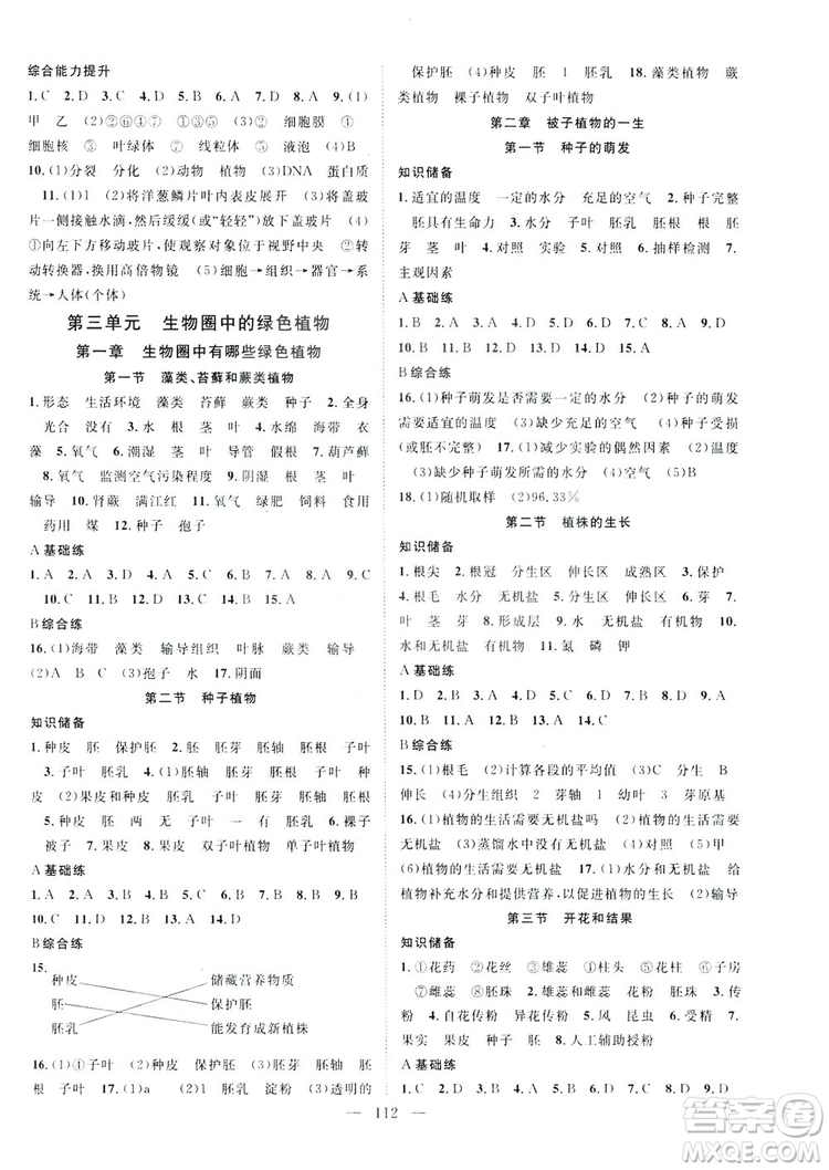 智慧萬羽2019名師學(xué)案分層進(jìn)階學(xué)習(xí)七年級生物上冊答案