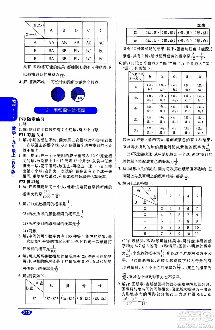 2019秋教材1+1全解精練九年級(jí)上冊(cè)數(shù)學(xué)BS版北師版參考答案