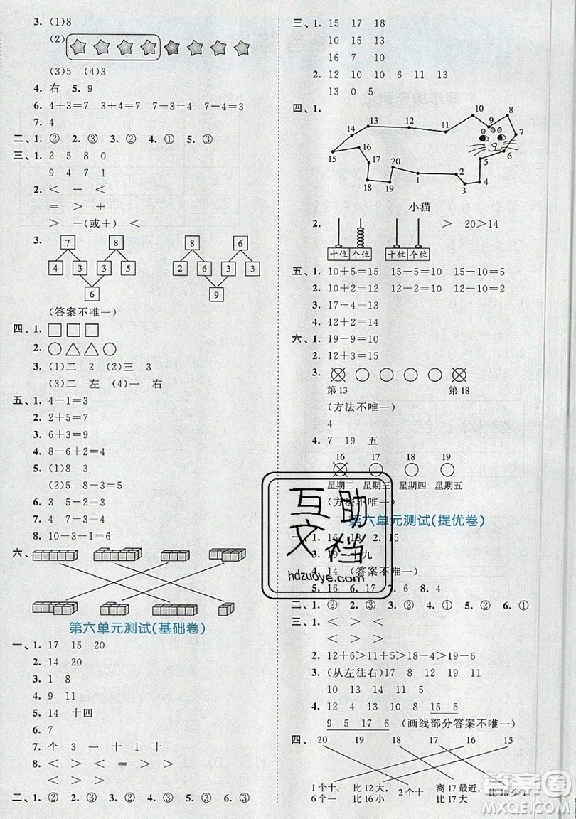 西安出版社小兒郎2019曲一線(xiàn)53全優(yōu)卷小學(xué)數(shù)學(xué)一年級(jí)上冊(cè)人教RJ版答案