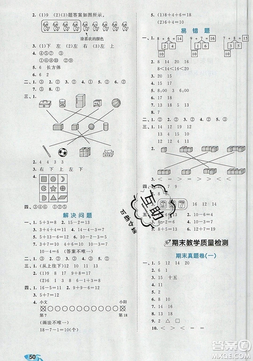 西安出版社小兒郎2019曲一線(xiàn)53全優(yōu)卷小學(xué)數(shù)學(xué)一年級(jí)上冊(cè)人教RJ版答案