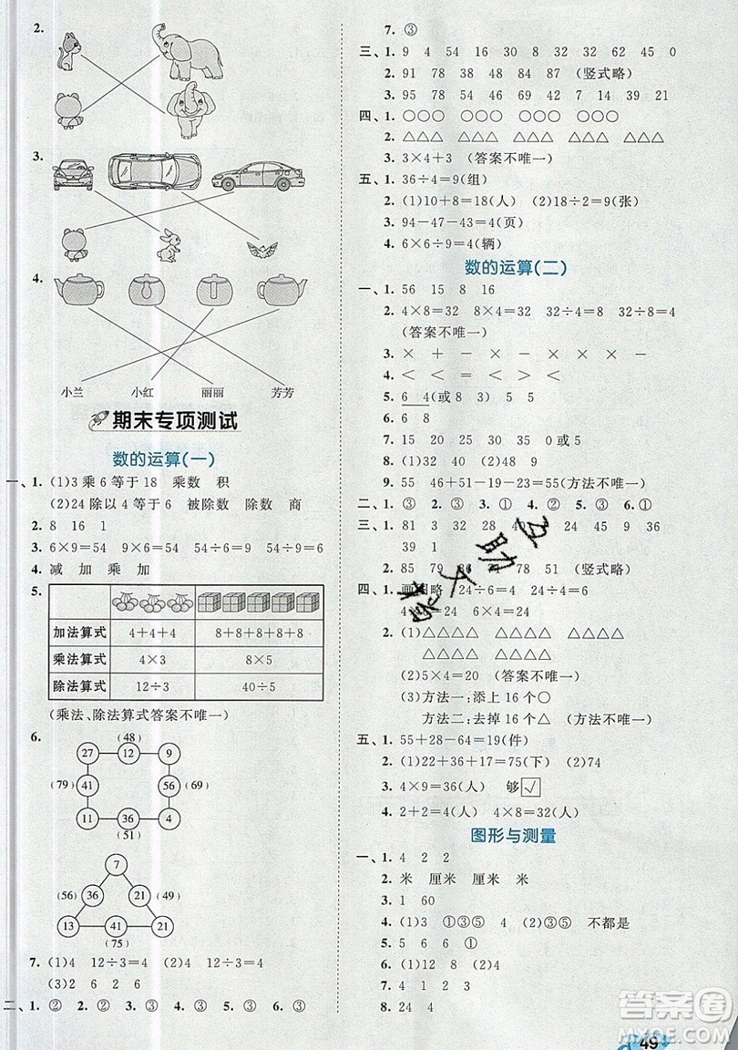 西安出版社小兒郎2019曲一線53全優(yōu)卷小學(xué)數(shù)學(xué)二年級上冊蘇教SJ版參考答案