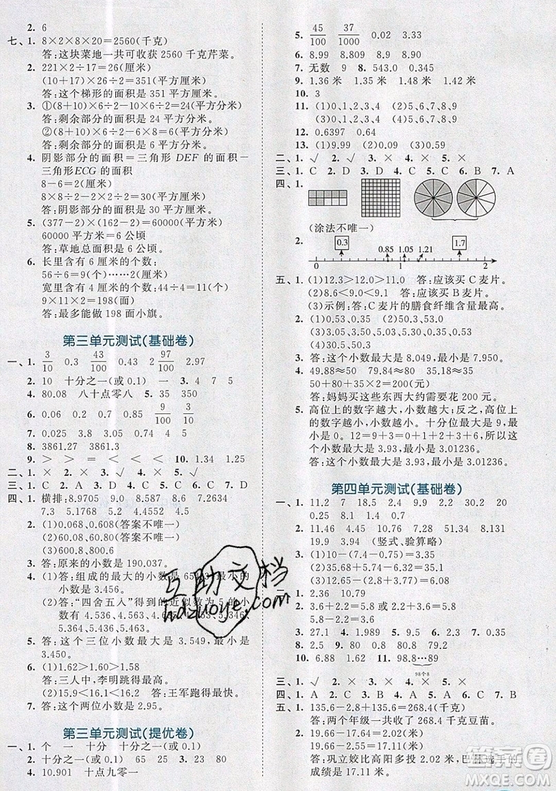 西安出版社小兒郎2019曲一線53全優(yōu)卷小學(xué)數(shù)學(xué)五年級(jí)上冊(cè)蘇教SJ版參考答案