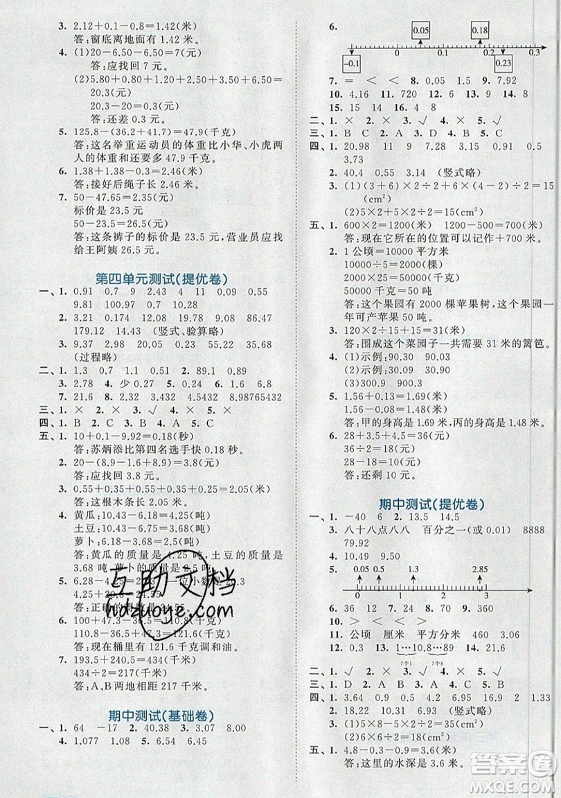 西安出版社小兒郎2019曲一線53全優(yōu)卷小學(xué)數(shù)學(xué)五年級(jí)上冊(cè)蘇教SJ版參考答案