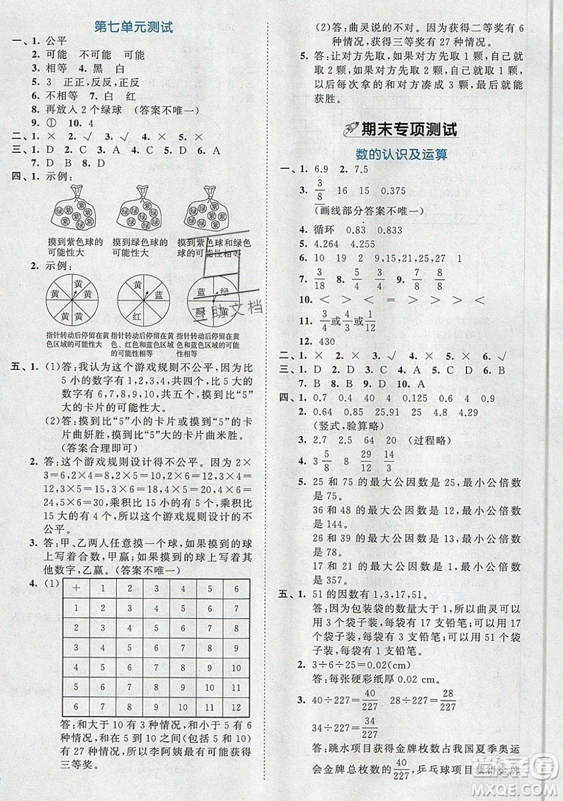 西安出版社小兒郎2019曲一線53全優(yōu)卷小學數學五年級上冊北師大BSD版答案