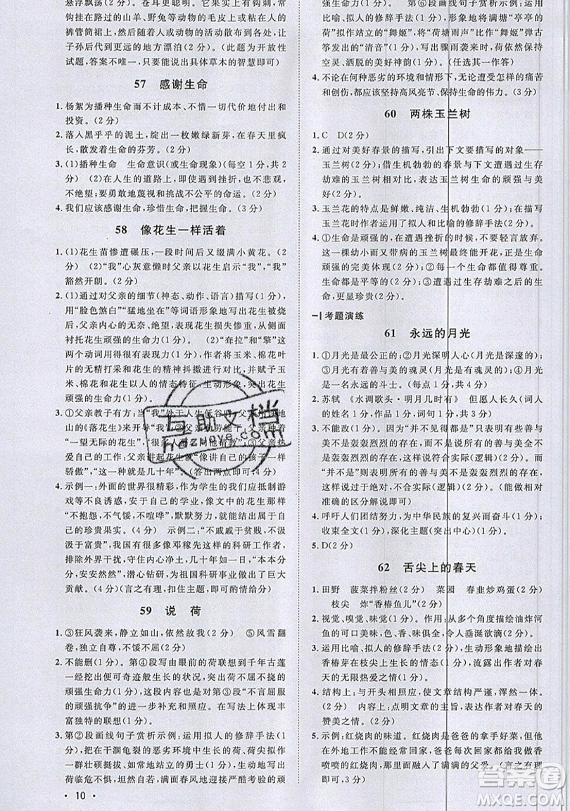 江西教育出版社2019宇軒圖書(shū)新概念閱讀現(xiàn)代文拓展訓(xùn)練七年級(jí)參考答案