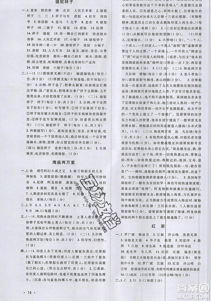 江西教育出版社2019宇軒圖書(shū)新概念閱讀現(xiàn)代文拓展訓(xùn)練七年級(jí)參考答案