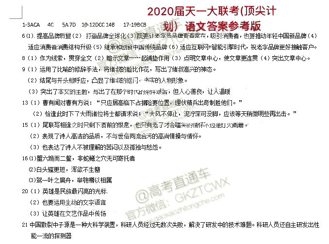 天一大聯(lián)考頂尖計劃2020屆高中畢業(yè)班第一次考試語文試題及答案