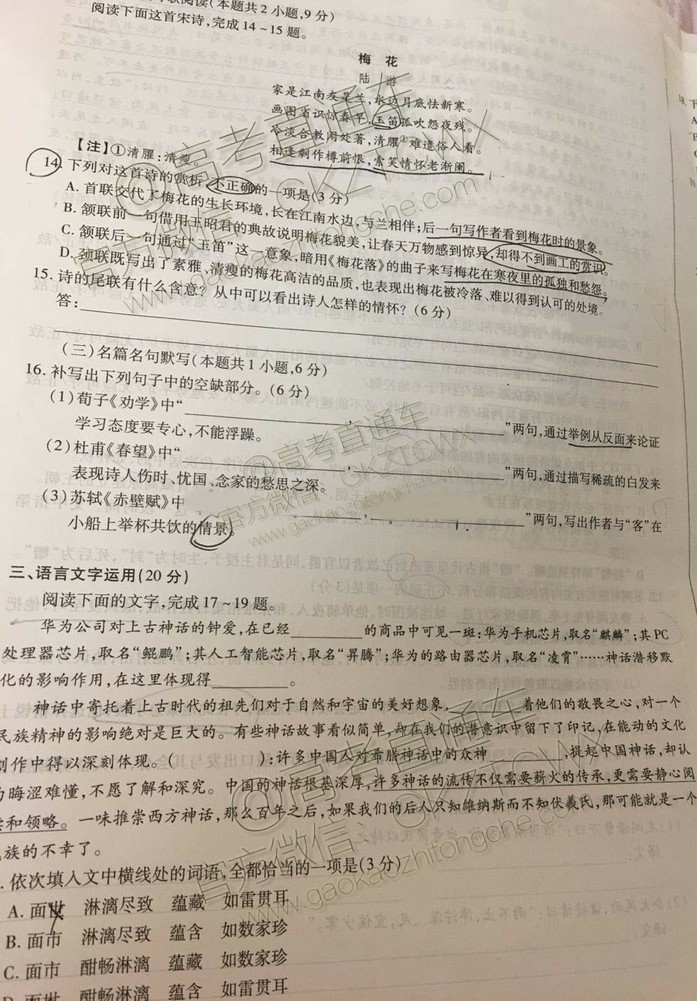 天一大聯(lián)考頂尖計劃2020屆高中畢業(yè)班第一次考試語文試題及答案