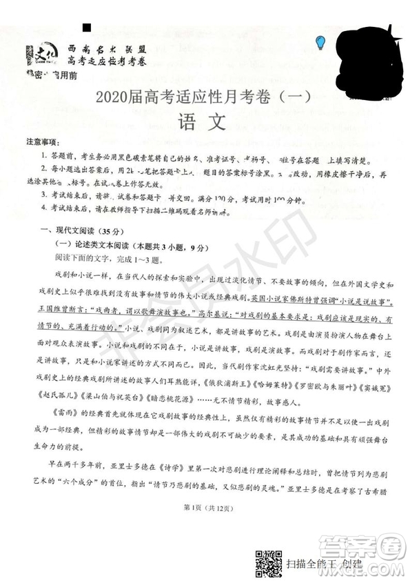 2020屆西南名校聯(lián)盟高考適應(yīng)性月考卷一語文試題及答案