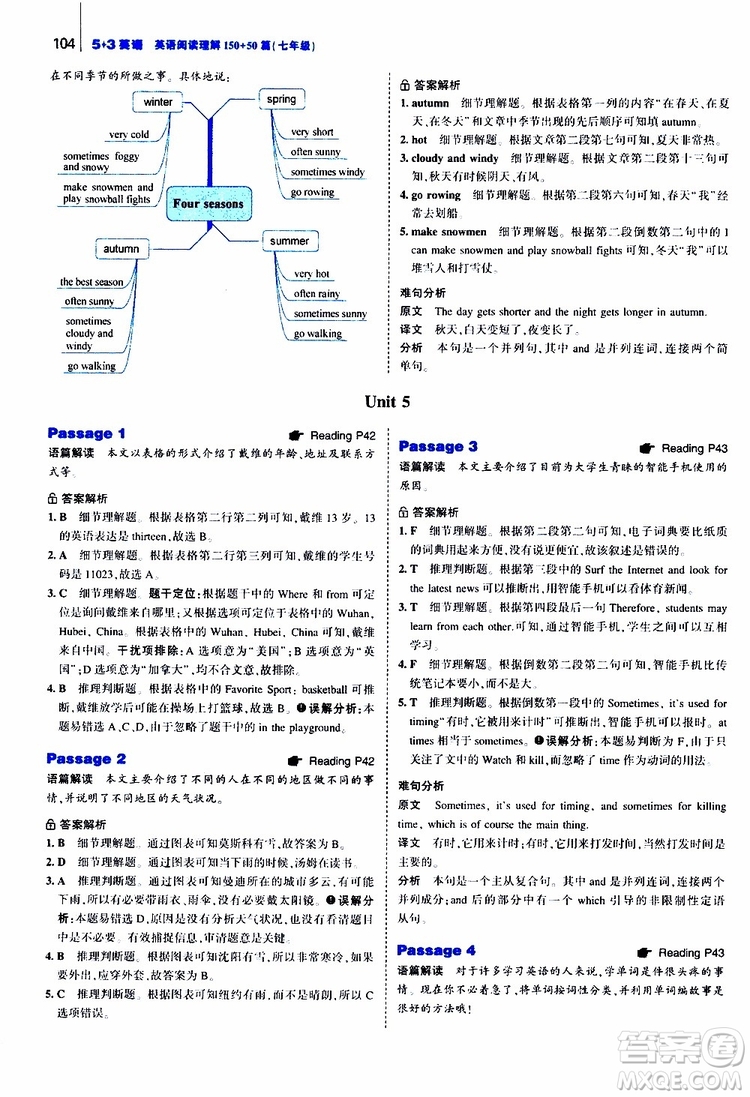 曲一線2020版53英語150加50篇英語閱讀理解七年級參考答案