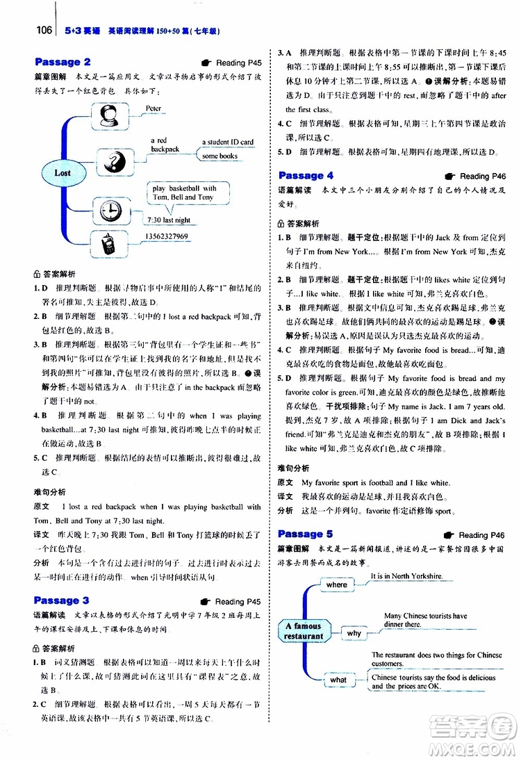 曲一線2020版53英語150加50篇英語閱讀理解七年級參考答案