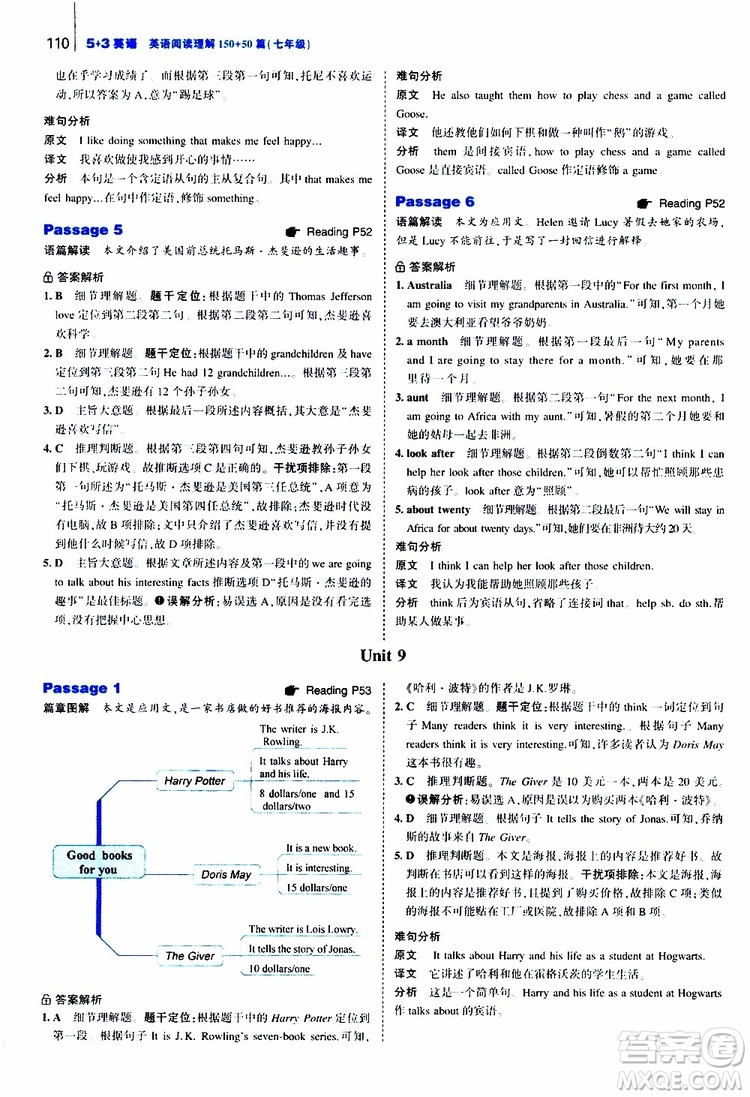 曲一線2020版53英語150加50篇英語閱讀理解七年級參考答案