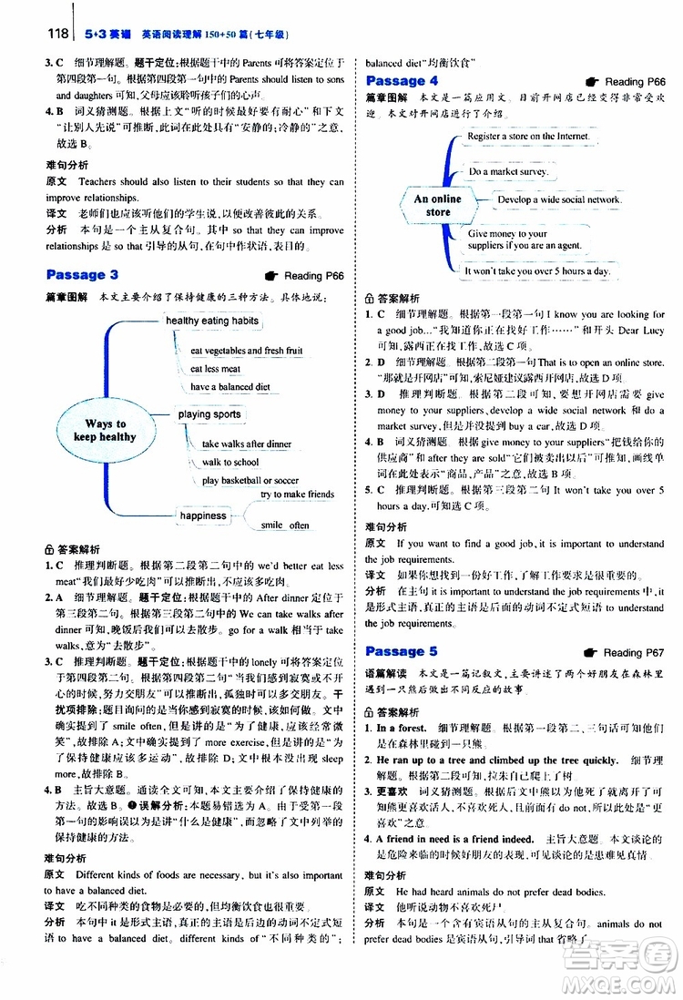 曲一線2020版53英語150加50篇英語閱讀理解七年級參考答案