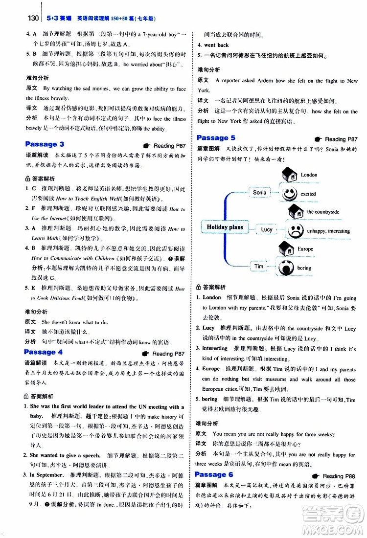 曲一線2020版53英語150加50篇英語閱讀理解七年級參考答案