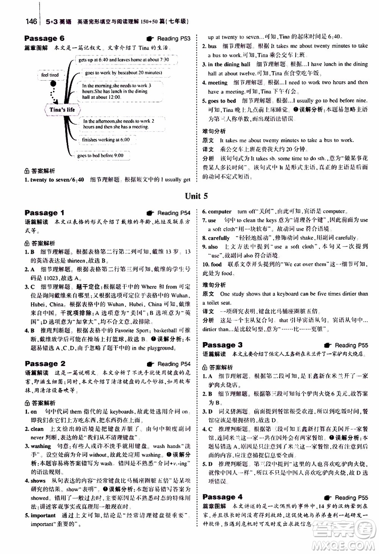 曲一線2020版53英語七年級通用版英語完形填空與閱讀理解150+50篇參考答案