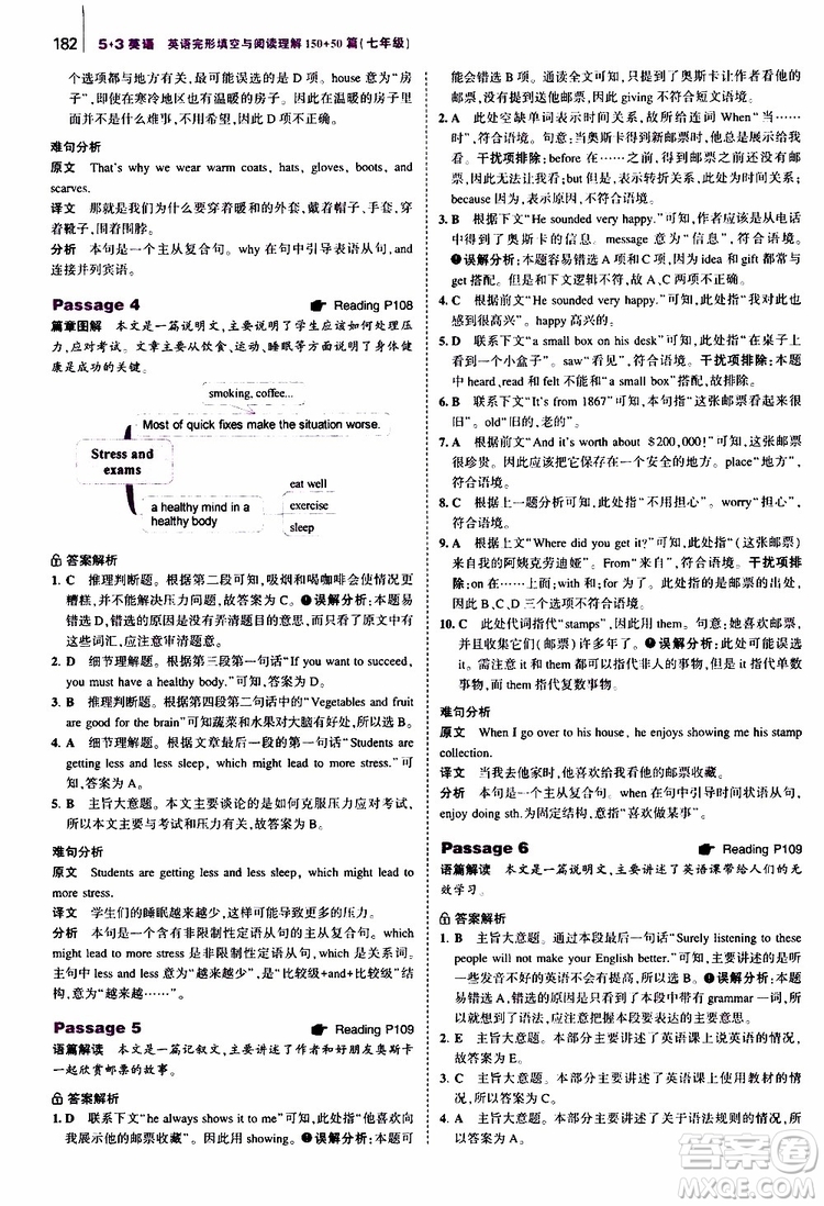 曲一線2020版53英語七年級通用版英語完形填空與閱讀理解150+50篇參考答案