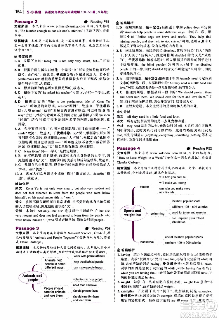 曲一線2020版53英語八年級通用版英語完形填空與閱讀理解150+50篇參考答案