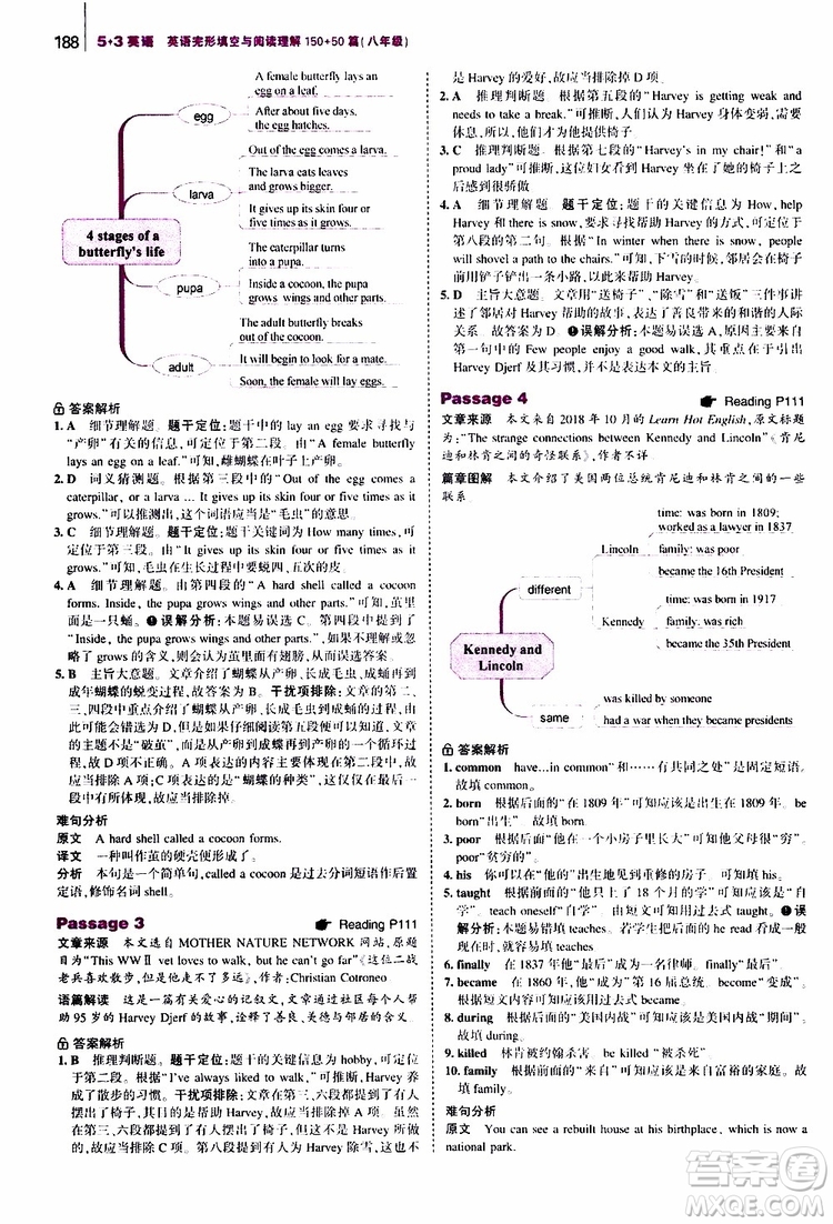 曲一線2020版53英語八年級通用版英語完形填空與閱讀理解150+50篇參考答案