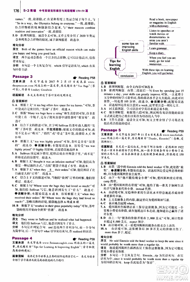 曲一線2020版53英語中考英語完形填空與閱讀理解150+50篇通用版參考答案