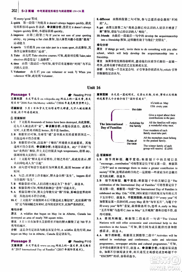 曲一線2020版53英語中考英語完形填空與閱讀理解150+50篇通用版參考答案