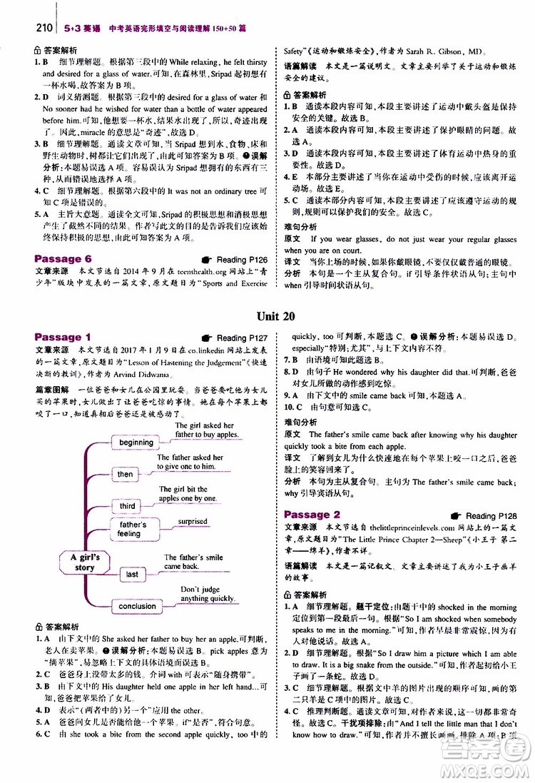 曲一線2020版53英語中考英語完形填空與閱讀理解150+50篇通用版參考答案