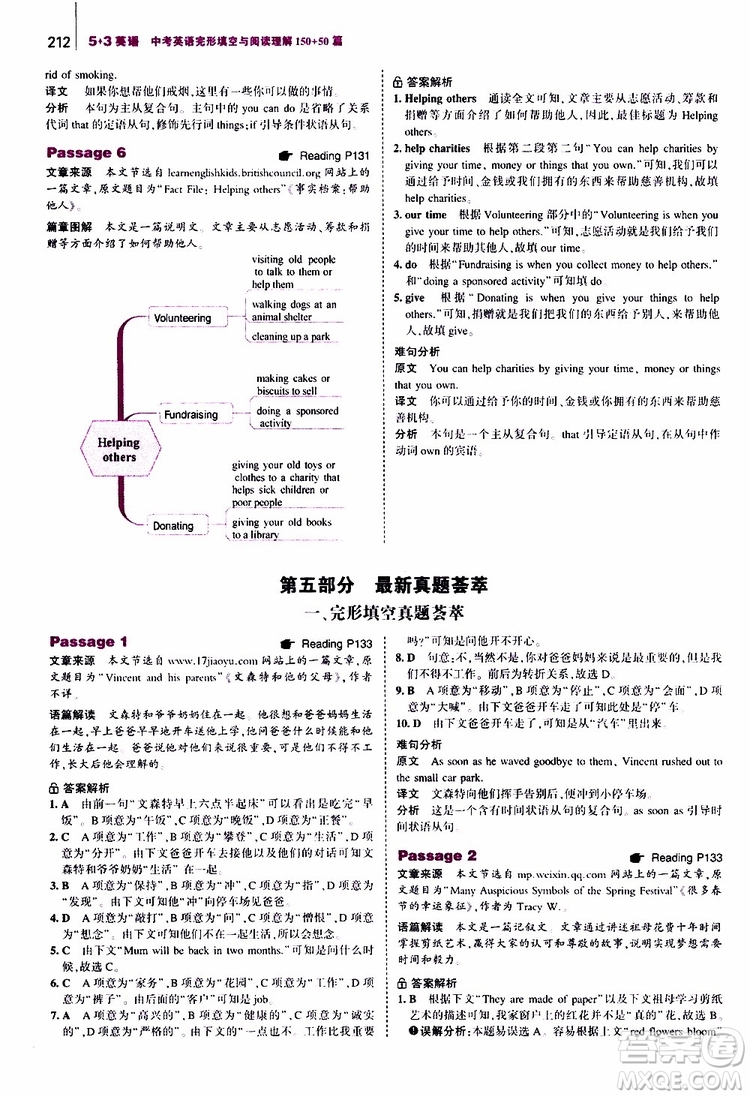 曲一線2020版53英語中考英語完形填空與閱讀理解150+50篇通用版參考答案