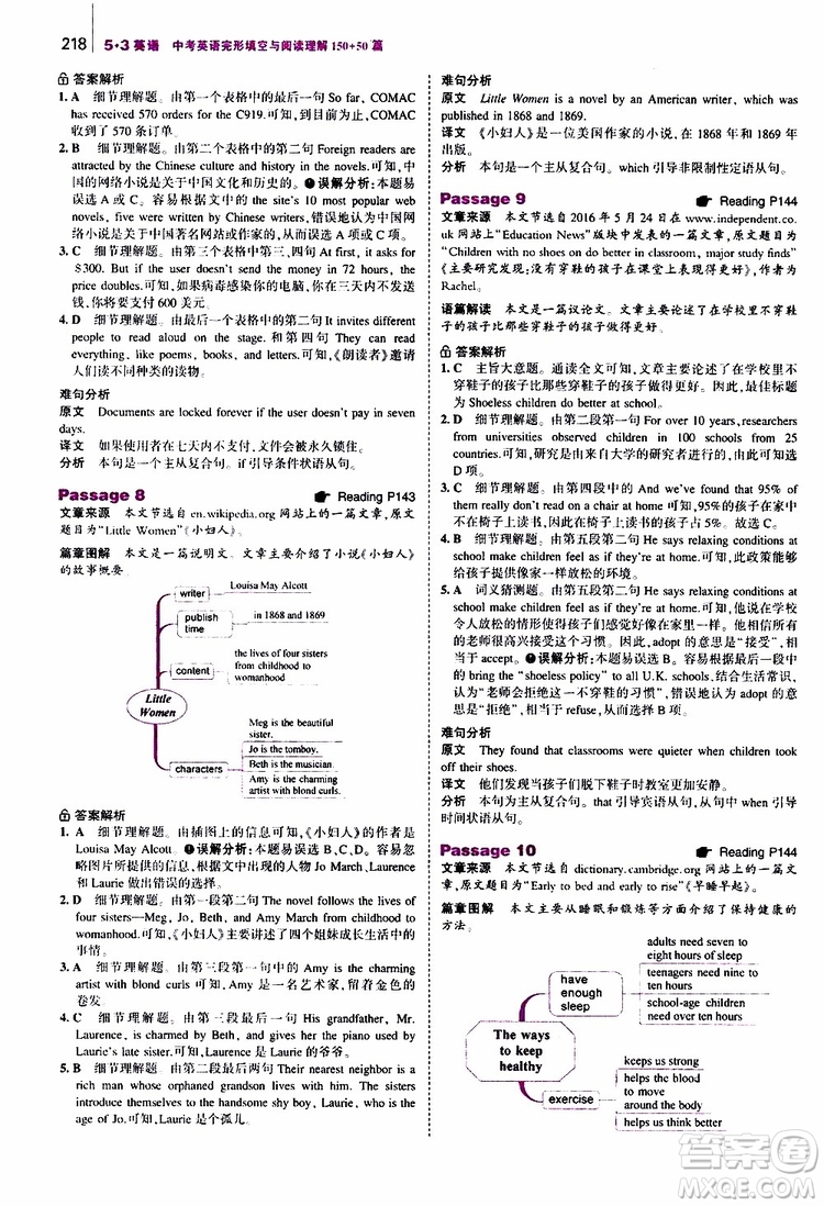 曲一線2020版53英語中考英語完形填空與閱讀理解150+50篇通用版參考答案