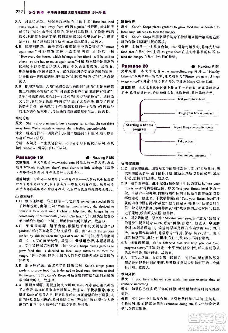 曲一線2020版53英語中考英語完形填空與閱讀理解150+50篇通用版參考答案