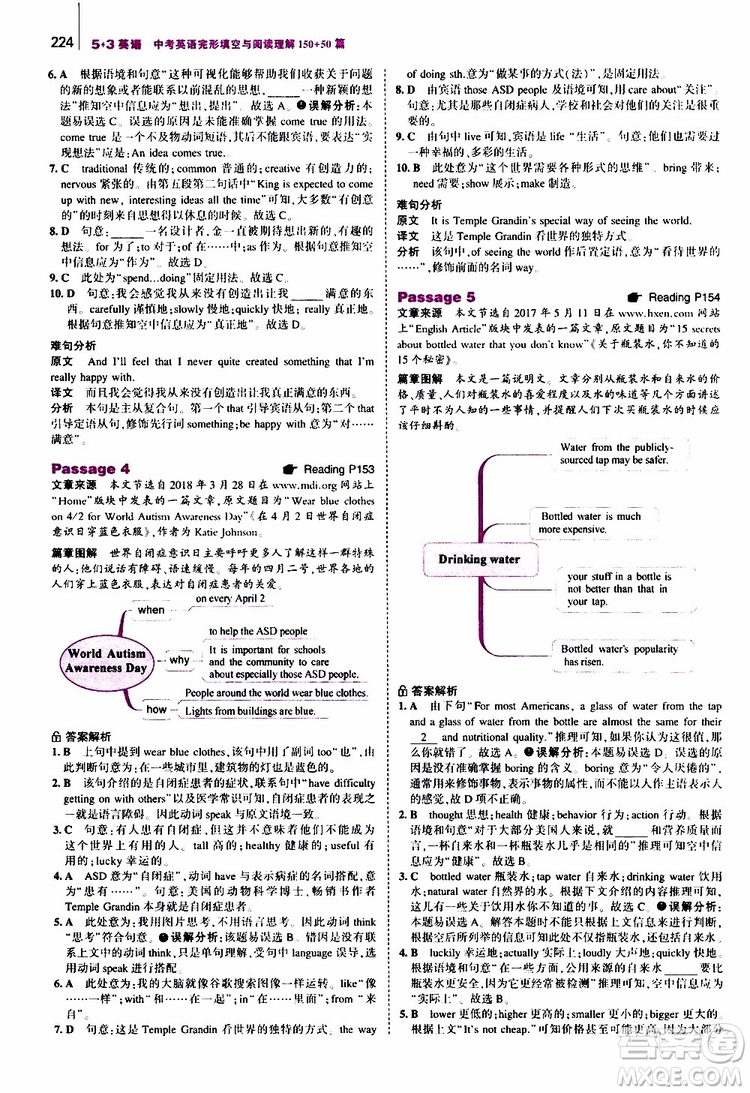 曲一線2020版53英語中考英語完形填空與閱讀理解150+50篇通用版參考答案