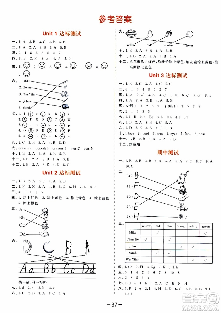 小兒郎2019秋53天天練三年級英語上冊RP人教版參考答案