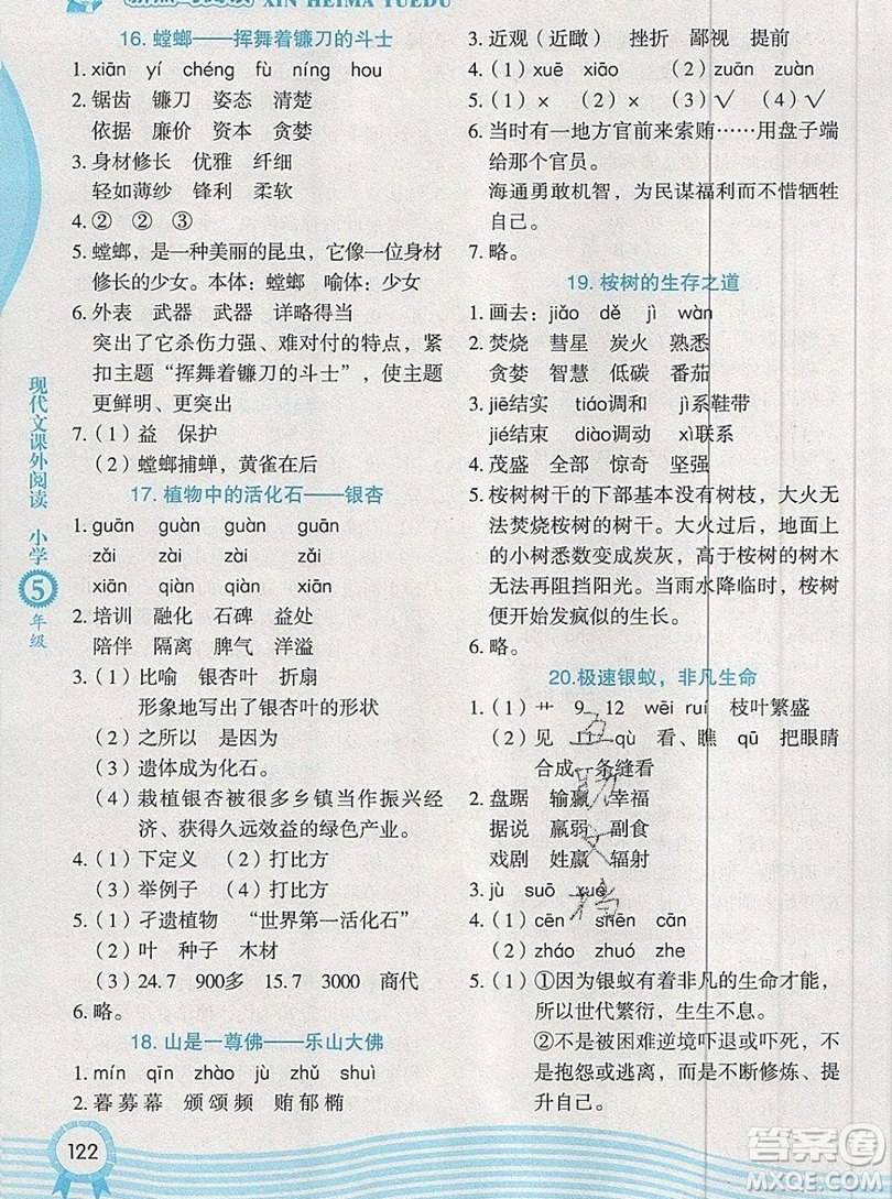 2019新版新黑馬閱讀現(xiàn)代文課外閱讀五年級人教版答案