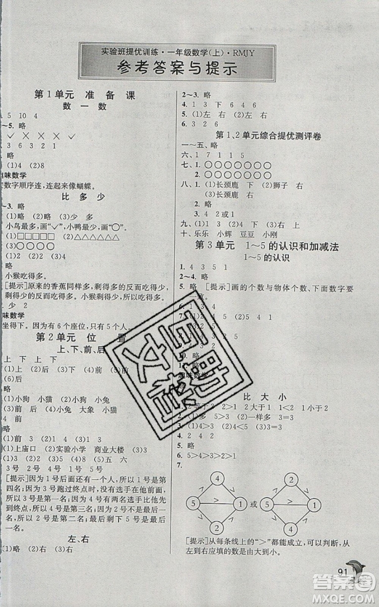 江蘇人民出版社春雨教育2019秋實(shí)驗(yàn)班提優(yōu)訓(xùn)練一年級(jí)數(shù)學(xué)上冊(cè)RMJY人教版參考答案