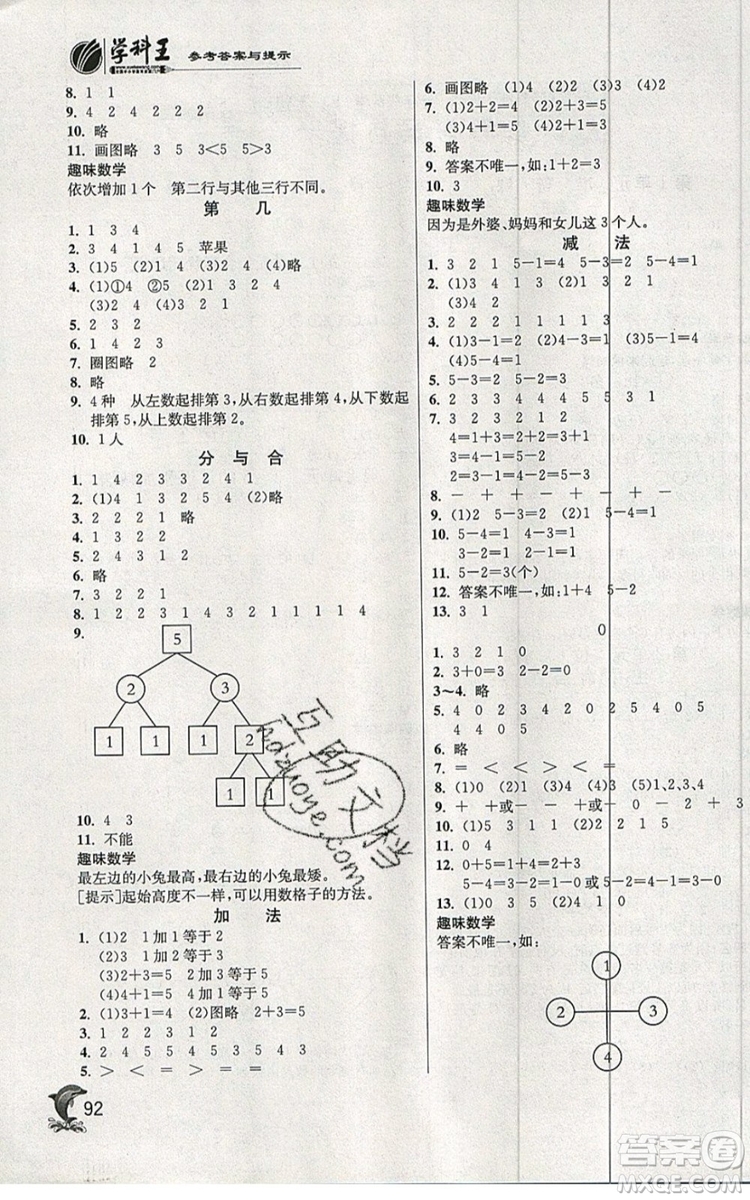 江蘇人民出版社春雨教育2019秋實(shí)驗(yàn)班提優(yōu)訓(xùn)練一年級(jí)數(shù)學(xué)上冊(cè)RMJY人教版參考答案