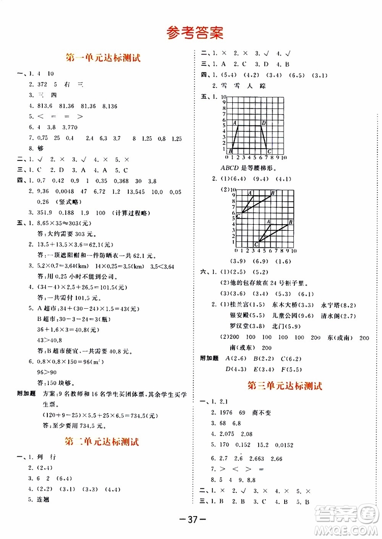 2019秋小兒郎53天天練五年級(jí)數(shù)學(xué)上冊(cè)RJ人教版參考答案